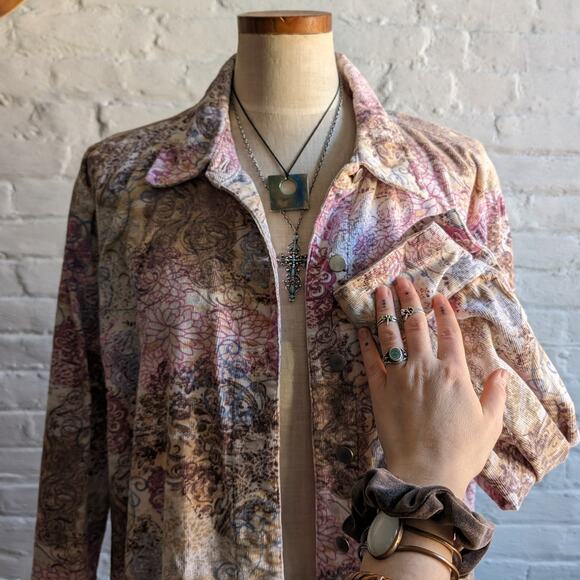 Vintage Corduroy Jacket Spring Floral Coat Paisley Lightweight Shacket 90s Large - Picture 5 of 8